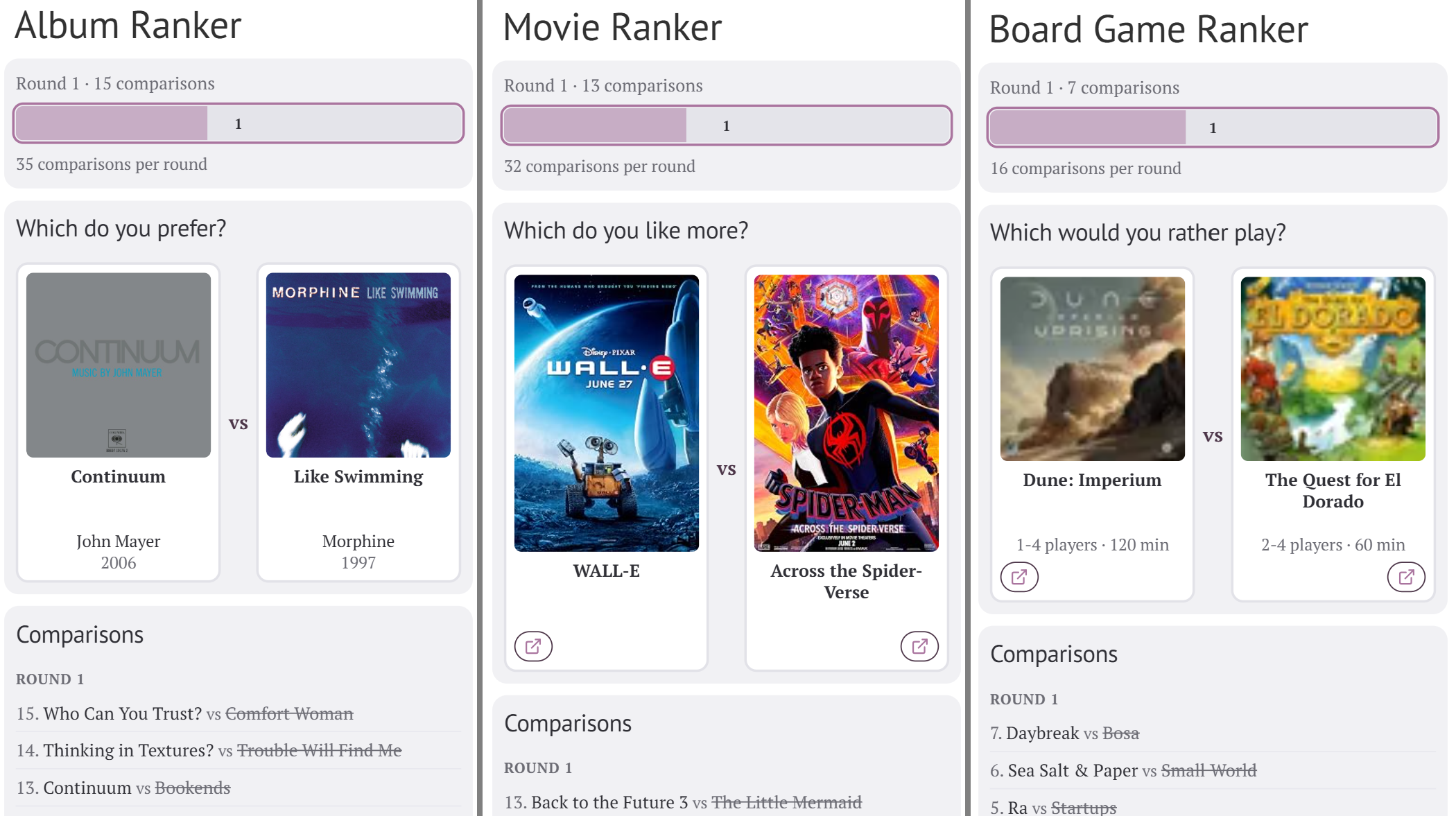 Screenshot of the tool with 3 different media types